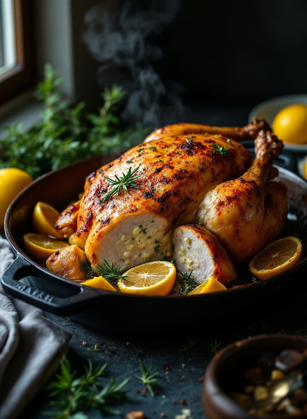 Lemon Garlic Herb Roasted Chicken 2 "roasted whole chicken in a cast iron skillet with herbs, lemon wedges, and garlic, captured in a dramatic lighting. "