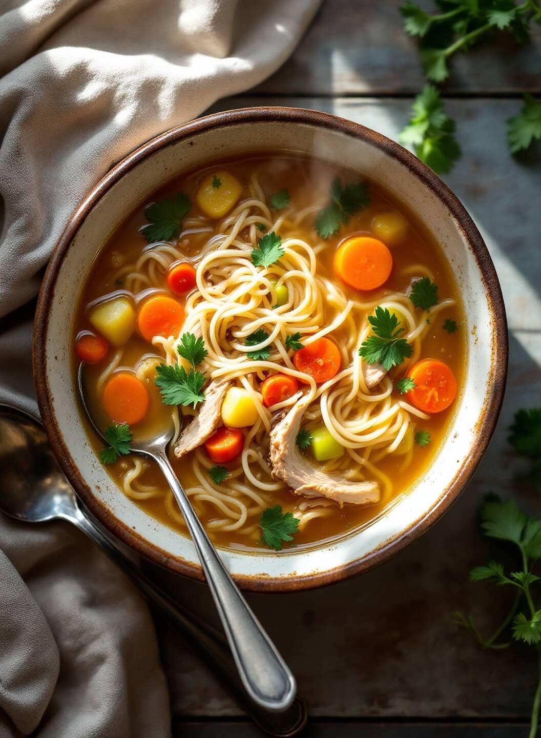 Homemade Low-Carb Chicken Noodle Soup With Shirataki/Zoodles 2 "steaming keto chicken noodle soup with shirataki noodles, shredded chicken, and vegetables in a ceramic bowl on a rustic table"