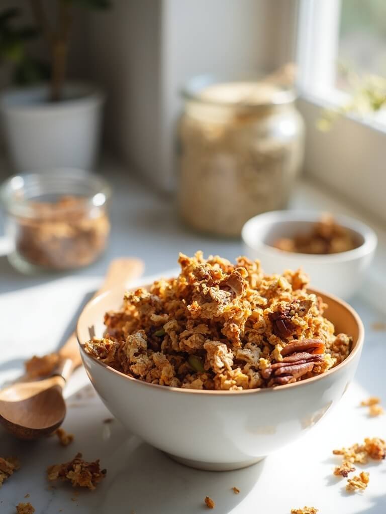 "artisanal homemade keto granola with mixed nuts and seeds in a white bowl on a marble countertop, with a wooden spoon and cinnamon jar in the background"