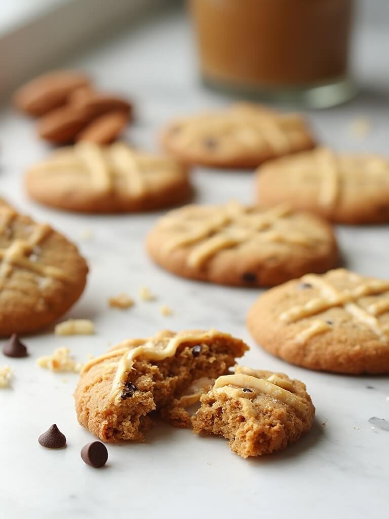 "keto almond butter cookies with criss-cross pattern on white marble, with almonds and almond butter jar in the background"