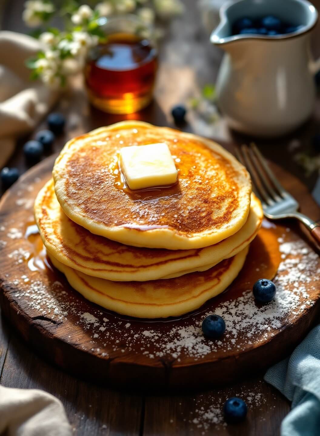 "stack of keto almond flour pancakes with melting butter, fresh blueberries, and sugar-free maple syrup on rustic wooden board"