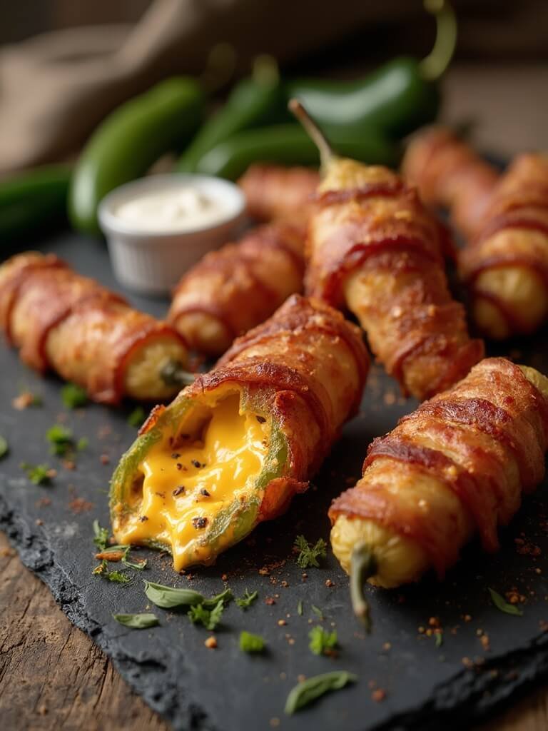 "bacon-wrapped jalapeño poppers with cheese filling on rustic background"