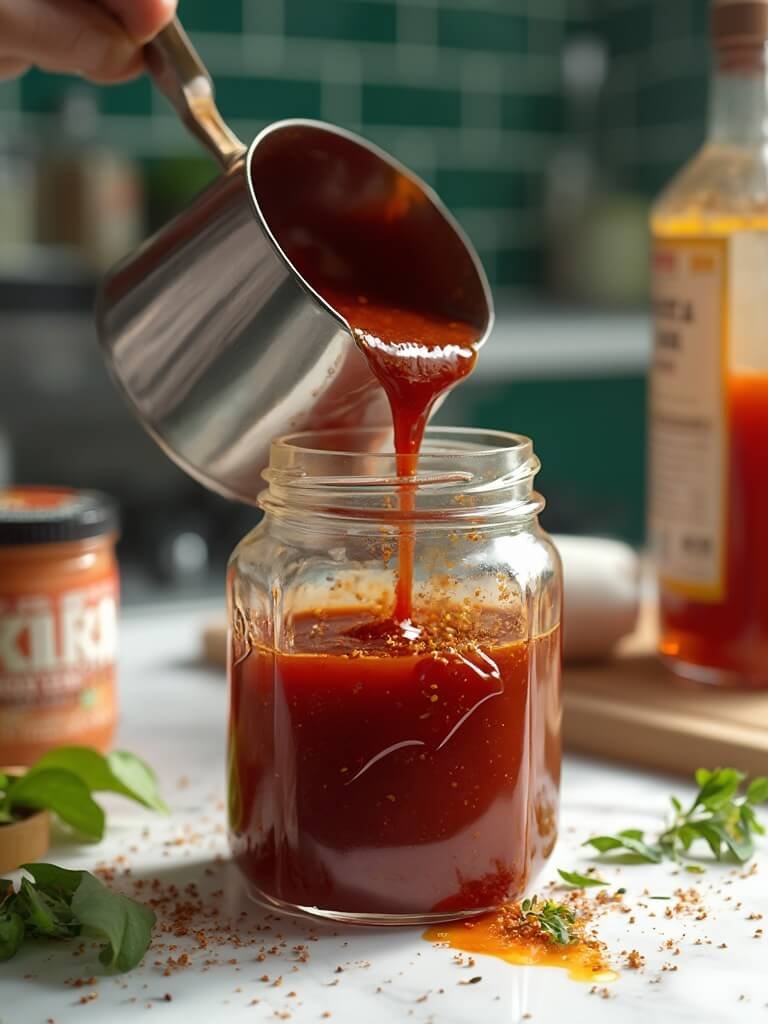 "keto bbq sauce being poured into a mason jar in a modern kitchen setup, ingredients including tomato paste, spices, and apple cider vinegar visible in the backdrop"
