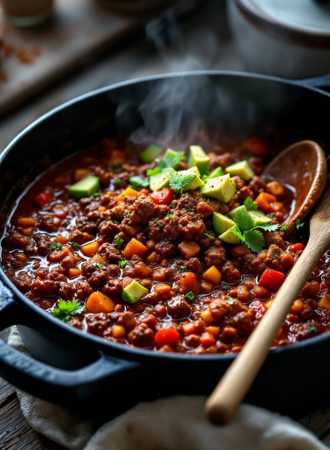 "keto beef chili in a cast iron dutch oven garnished with diced avocado and fresh herbs"