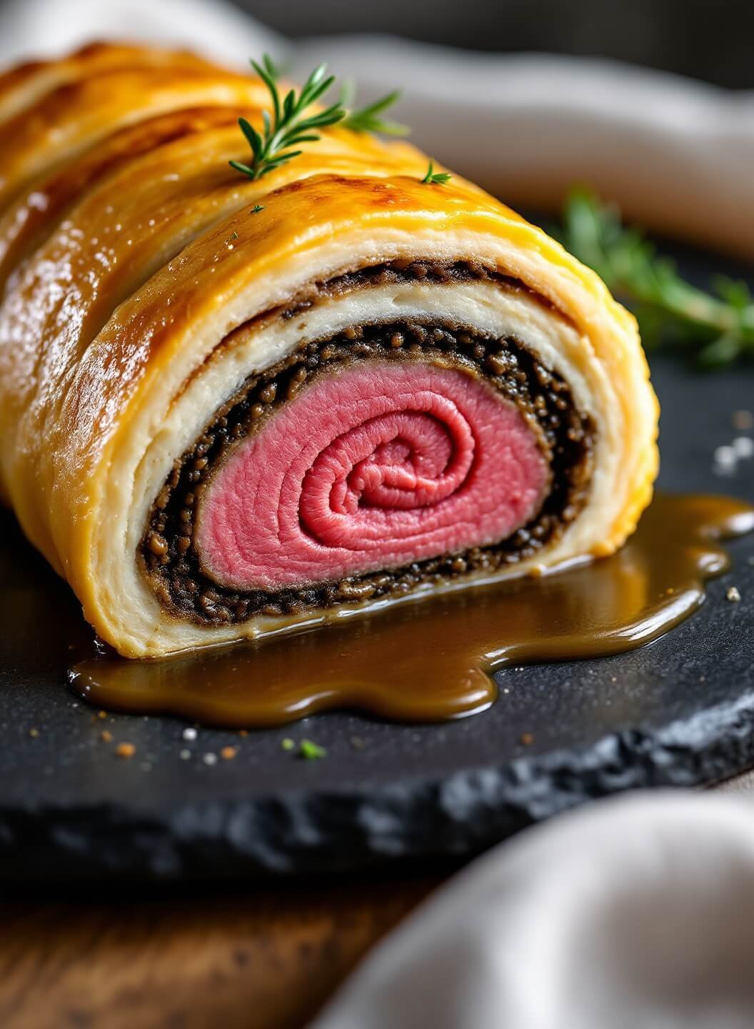 "sliced keto beef wellington with medium-rare center, golden crust and garnish on a slate platter"