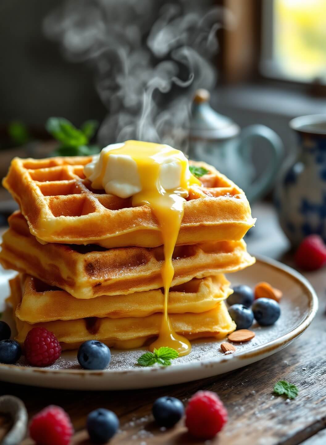 "golden-brown belgian waffles with melting butter, fresh berries and mint on rustic wooden table in soft morning light"