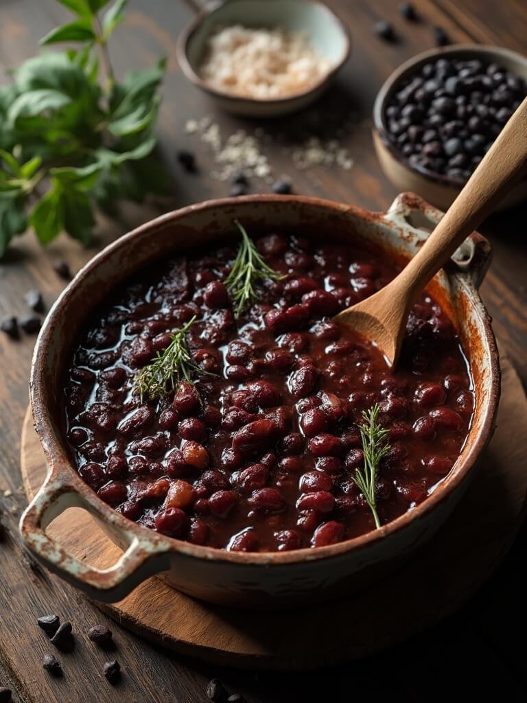"keto baked beans with black soybeans in a rustic ceramic dish, served with a wooden spoon, garnished with thyme sprigs and accompanied by a ramekin of monk fruit sweetener. "
