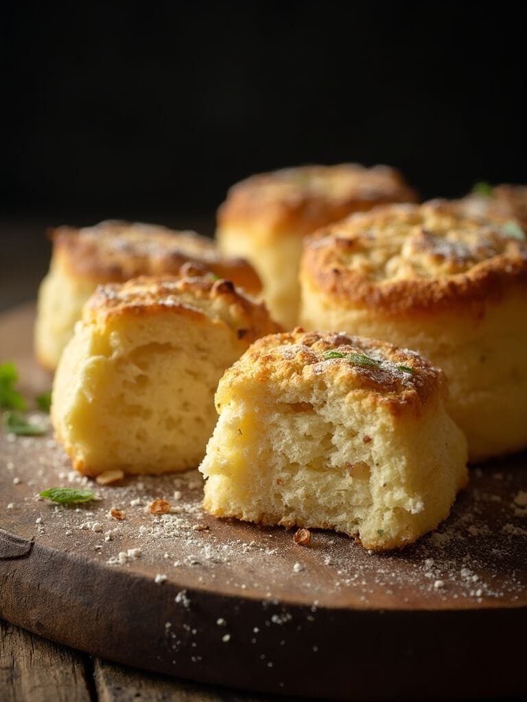 "freshly baked golden-brown keto biscuits with visible herbs and butter glaze on a rustic board, with one biscuit cut open to reveal steaming interior"
