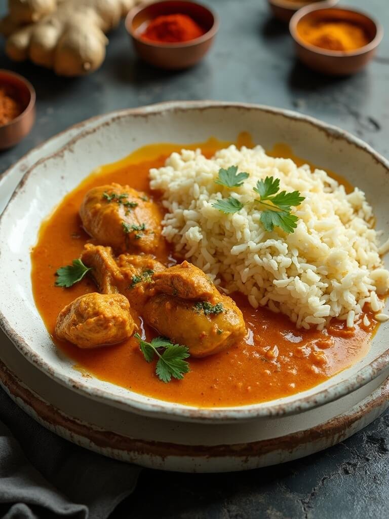 Keto Butter Chicken With Cauliflower Rice 2 "overhead shot of butter chicken curry and cauliflower rice on a rusting white ceramic plate, garnished with cilantro leaves, on a dark grey slate surface with small bowls of spices in the background"