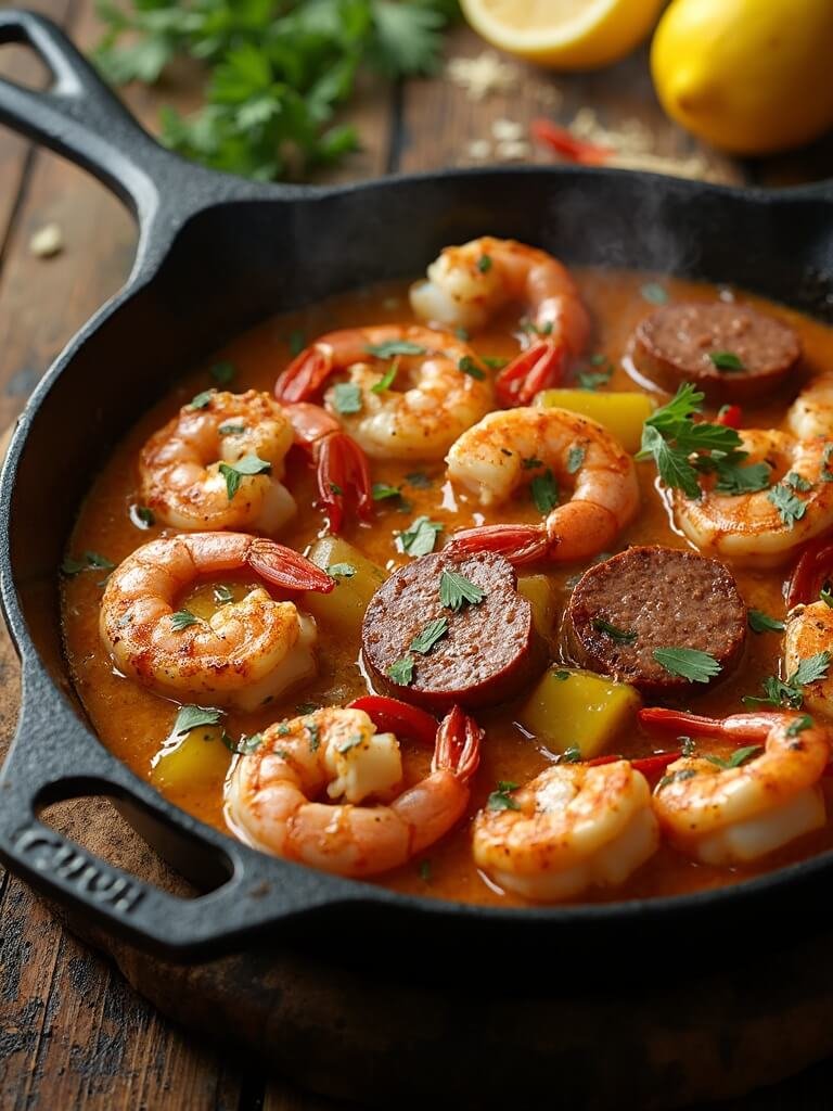 Keto Cajun Shrimp And Sausage Skillet 2 "cajun shrimp and andouille sausage skillet in a creamy sauce with bell peppers, onions, and garnished with fresh parsley, under dramatic lighting on a rustic wooden surface"