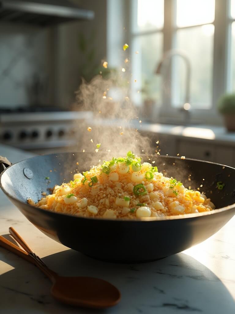 "steaming keto cauliflower fried rice with eggs and aromatics in a black wok on a clean kitchen background"