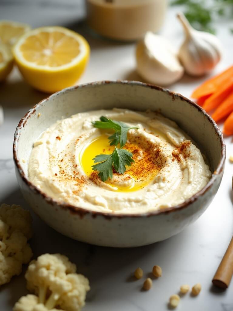"keto cauliflower hummus in a ceramic bowl garnished with paprika, parsley, and pine nuts, surrounded by fresh ingredients on a marble surface"