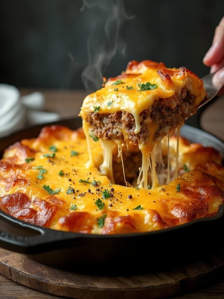 Easy Keto Bacon Cheeseburger Casserole 2 "keto bacon cheeseburger casserole with crispy cheddar cheese, ground beef and bacon in a rustic cast-iron skillet"