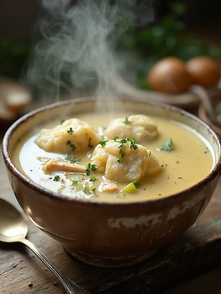 "keto chicken and almond flour dumplings in creamy broth, garnished with fresh herbs, in a rustic ceramic bowl on a wooden table"