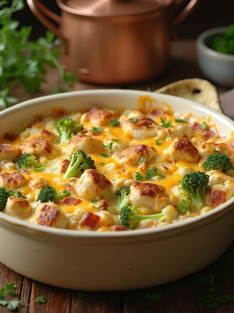 Keto Chicken Bacon Ranch Casserole 2 "close-up of keto chicken bacon ranch casserole with broccoli and cream cheese in a ceramic dish"
