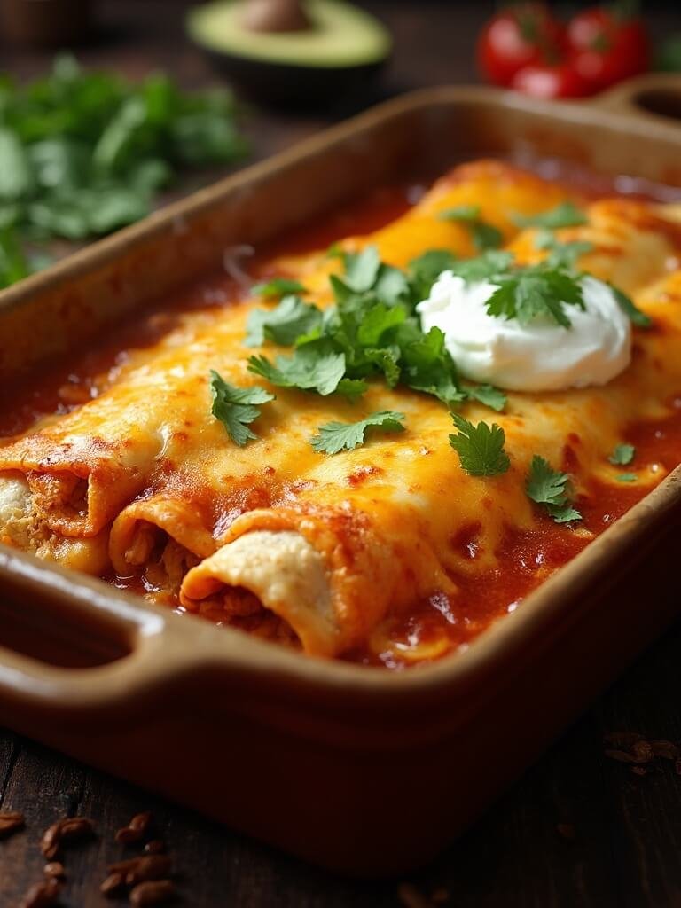 Classic Chicken Enchiladas With Cheese Wraps (Low-Carb, Keto-Friendly) 2 "golden-brown chicken enchiladas in a ceramic dish topped with cilantro, avocado, and sour cream, served fresh from the oven"