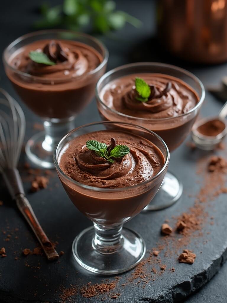 Perfect Keto Chocolate Mousse (Ready In 15 Minutes!) 2 "overhead view of three cups of rich, dark chocolate mousse garnished with mint and chocolate curls on a black stone surface"