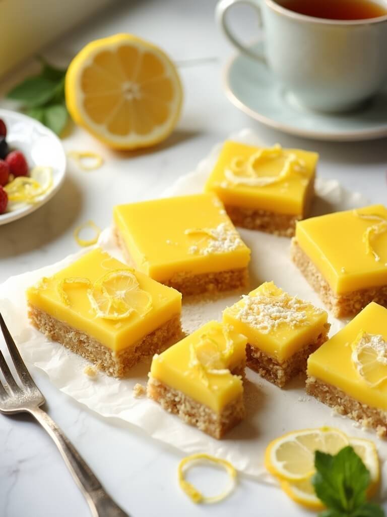 "overhead shot of keto lemon bars with almond crust, garnished with lemon slices, zest curls, and mint, accompanied by a cup of tea and bowl of fresh berries on a marble surface"