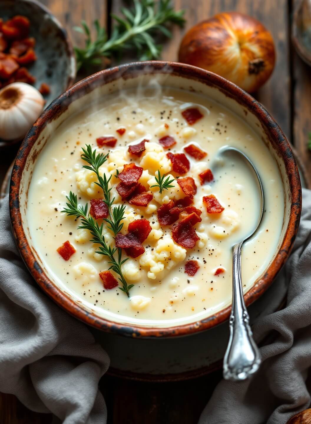 "overhead shot of creamy keto clam chowder with bacon and cauliflower in a rustic bowl on a wooden table"