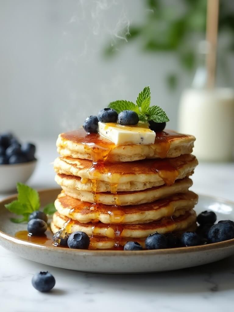 "keto coconut flour pancakes topped with blueberries, syrup and melting butter, on a marble surface under natural lighting"