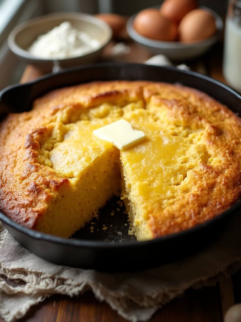 "golden-brown keto cornbread in a cast iron skillet with steam and melting butter, surrounded by ingredients on a rustic wooden table. "
