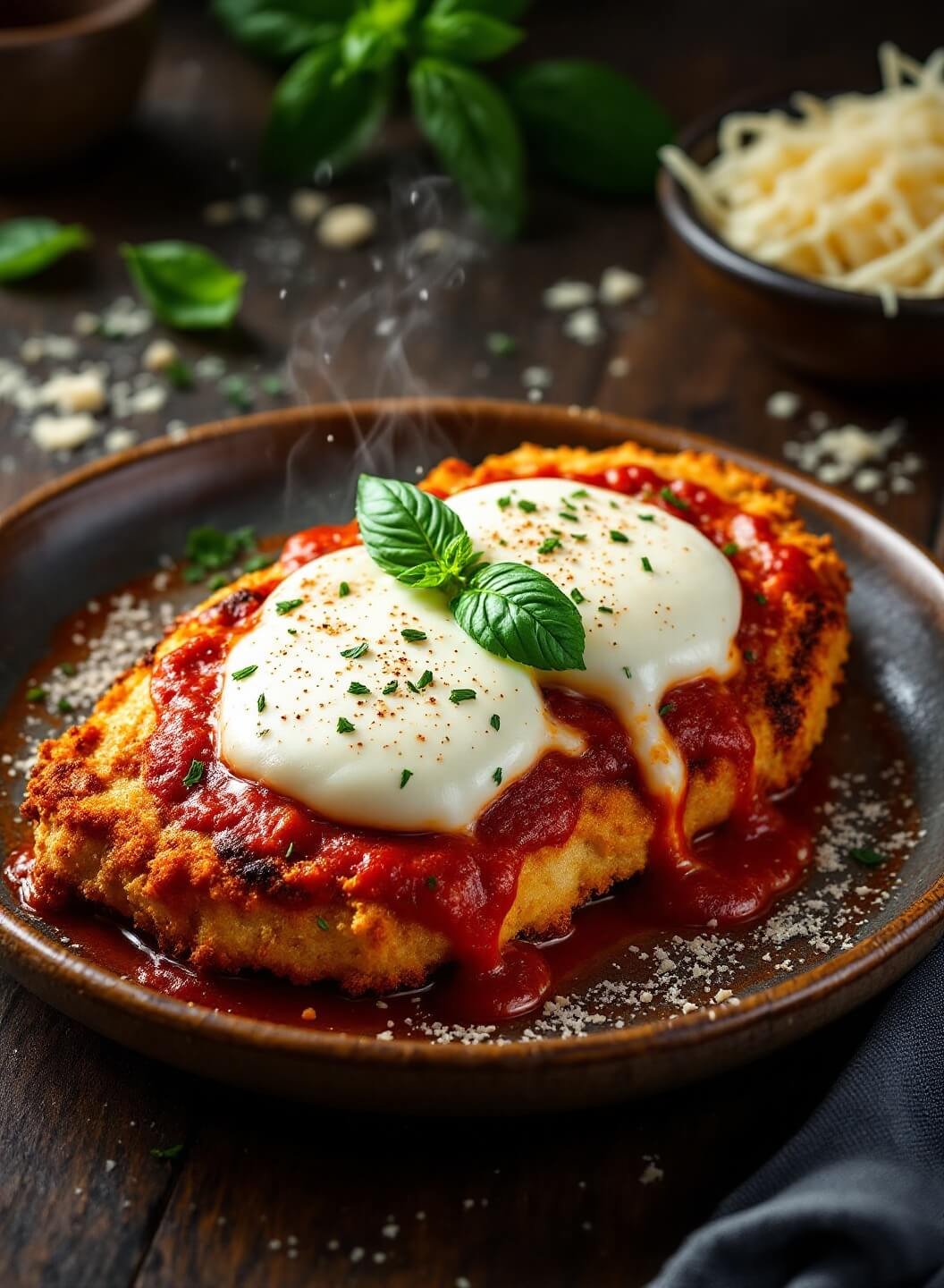 "golden-brown keto chicken parmesan with almond flour breading, mozzarella and marinara on a rustic plate"