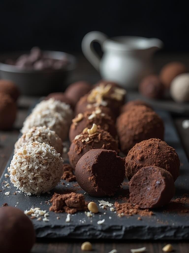 Sugar-Free Keto Chocolate Truffles 2 "handcrafted keto chocolate truffles with various coatings on black slate, ingredients in background"
