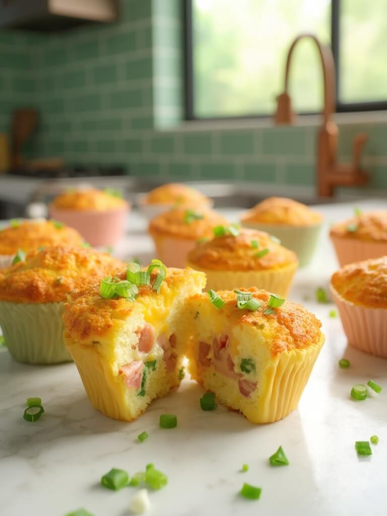 "golden-brown keto egg muffins with ham, cheese, and scallions on marble countertop, morning light streaming through window"