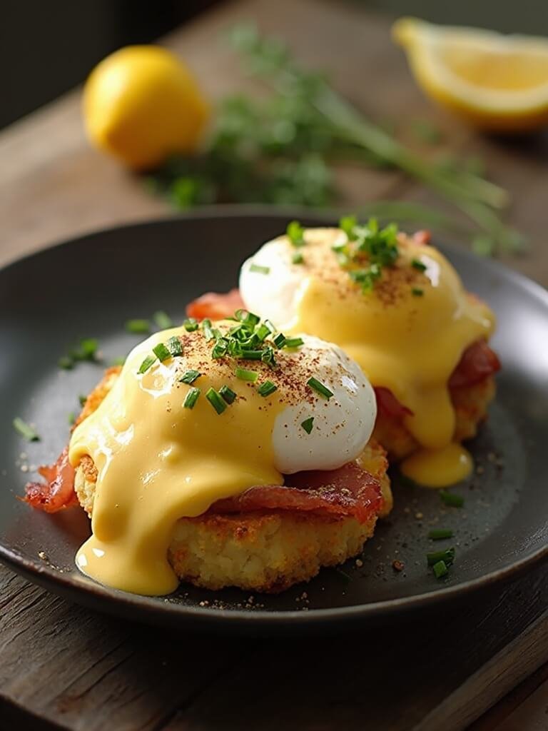 "keto eggs benedict with cauliflower hash browns and hollandaise sauce on a charcoal ceramic plate"