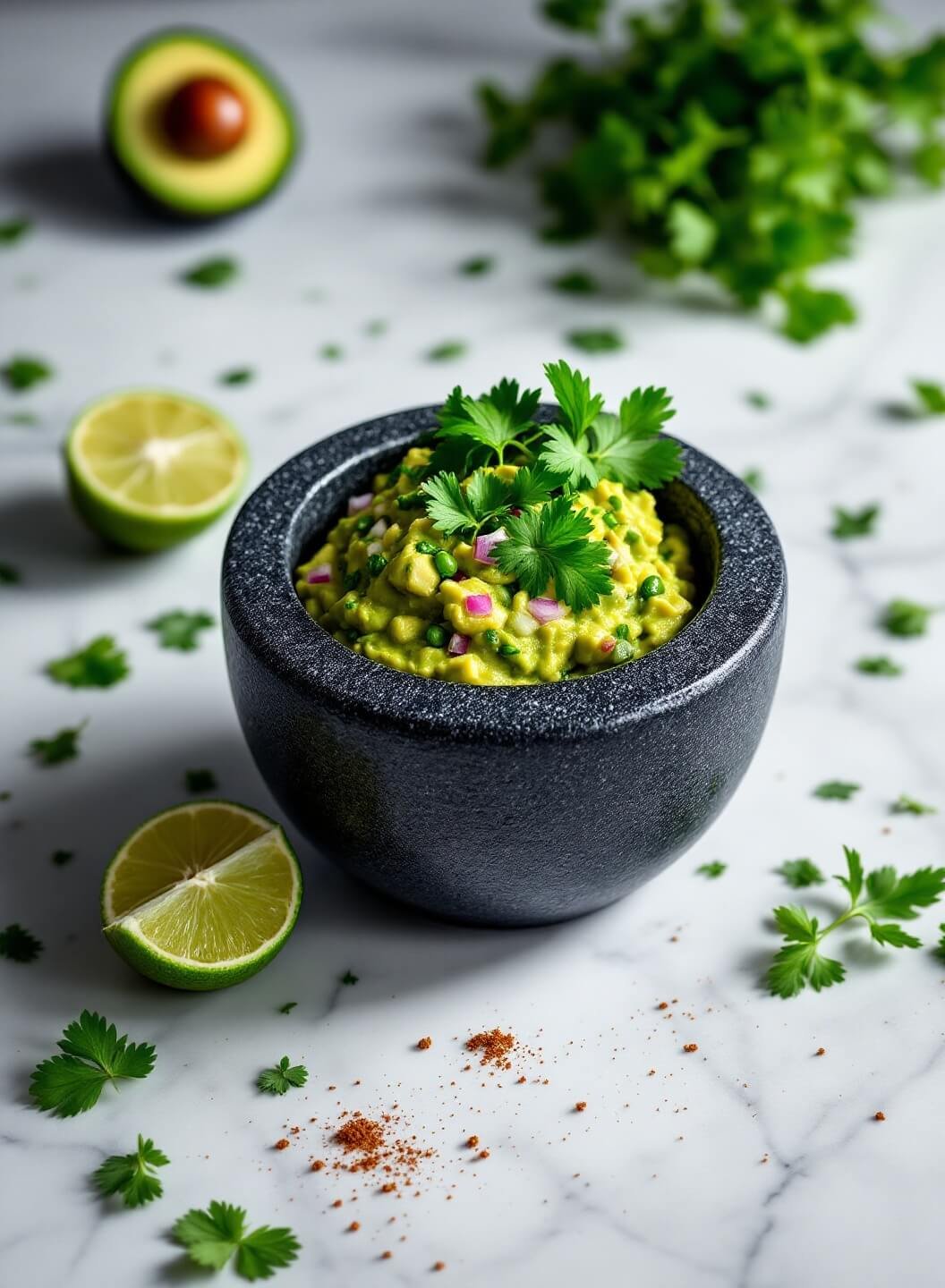 Easy Keto Guacamole (5-Minute Restaurant Style) 2 "professional shot of fresh guacamole with cilantro, avocado, onion and jalapeño on a marble background"