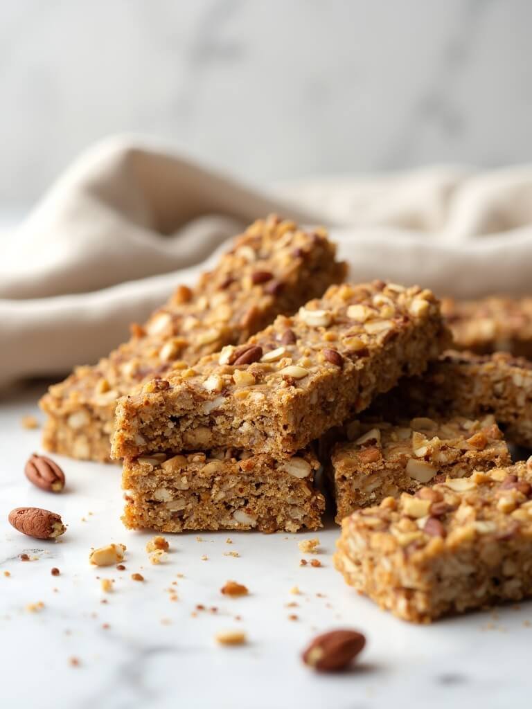 "keto granola bars with mixed nuts and peanut butter on a clean white marble background"
