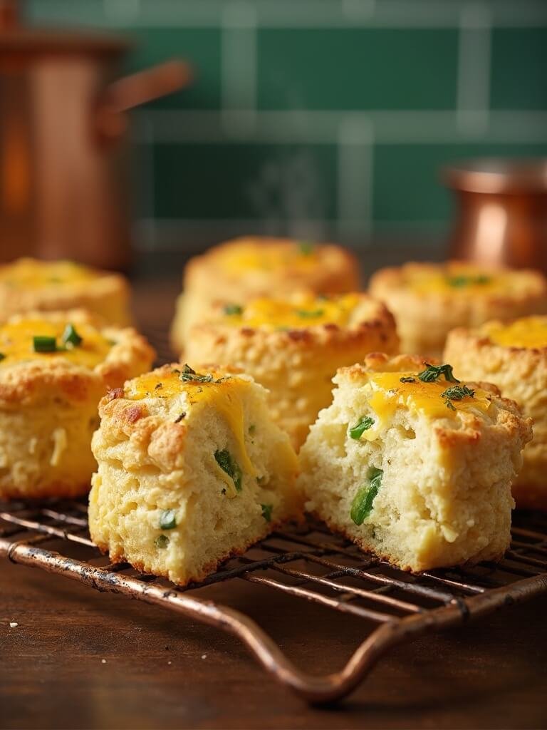 Keto Jalapeño Cheddar Biscuits 2 "keto jalapeno cheddar biscuits on copper cooling rack with melted cheese and diced jalapenos on top, one biscuit revealing fluffy interior and cheese pull"