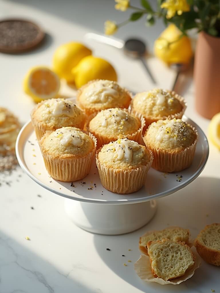 Keto Zesty Lemon Poppy Seed Muffins 2 "freshly baked keto lemon poppy seed muffins with lemon zest and optional frosting on a white stand, surrounded by ingredients on a marble countertop in warm, morning light. "