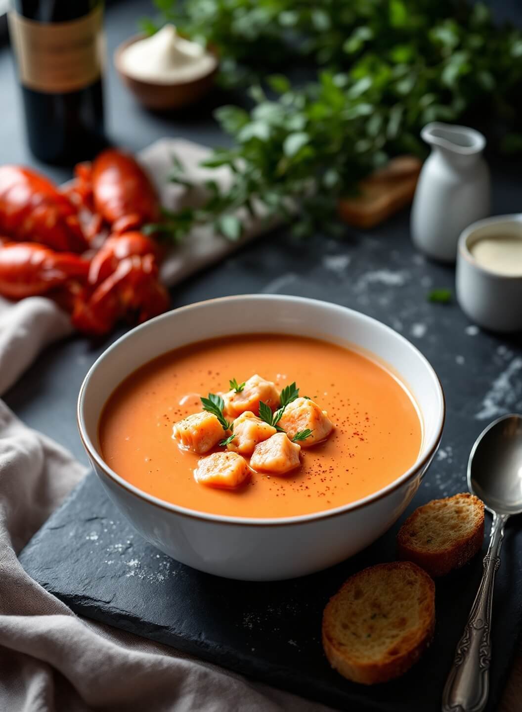 "elegant bowl of creamy keto lobster bisque garnished with tarragon and cayenne, served with butter-brushed crostini and fresh lobster claw on a slate surface"