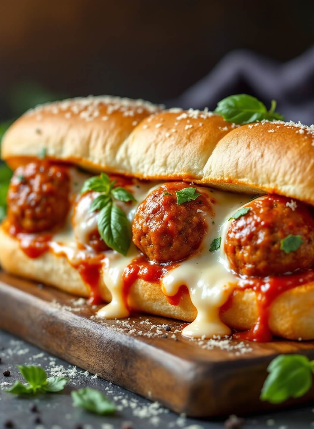 "juicy keto meatball sub with melted mozzarella and marinara sauce on a rustic fathead bun, garnished with fresh basil and parmesan, on a wooden board"