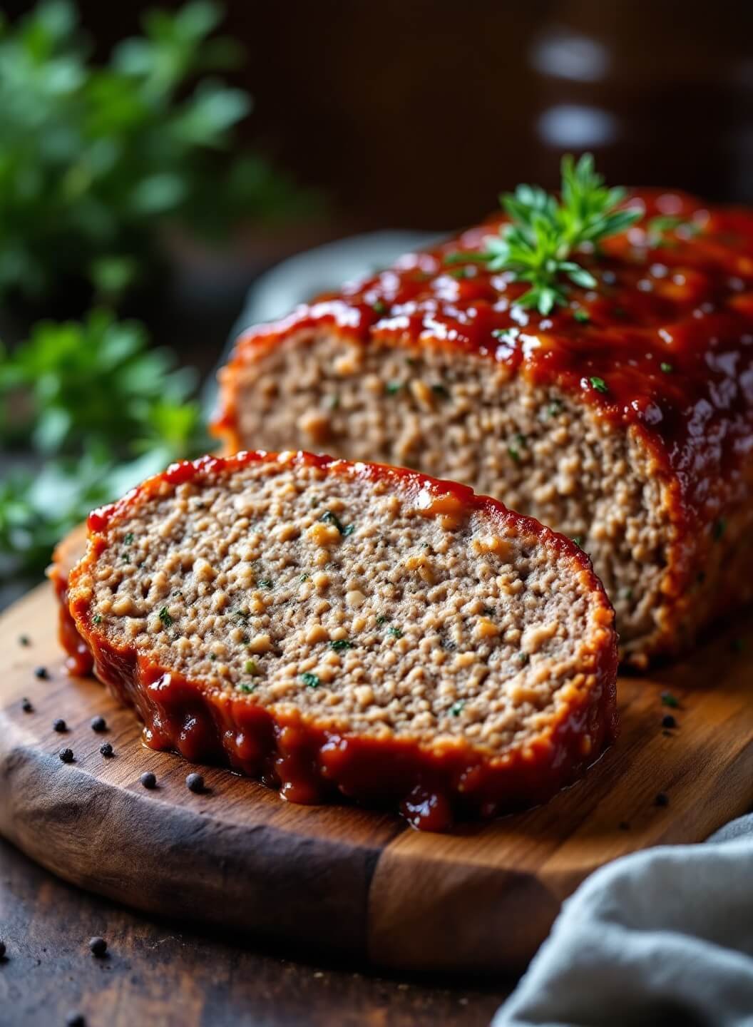"sliced keto meatloaf with sugar-free glaze on rustic wooden board, garnished with fresh thyme and cracked black pepper"