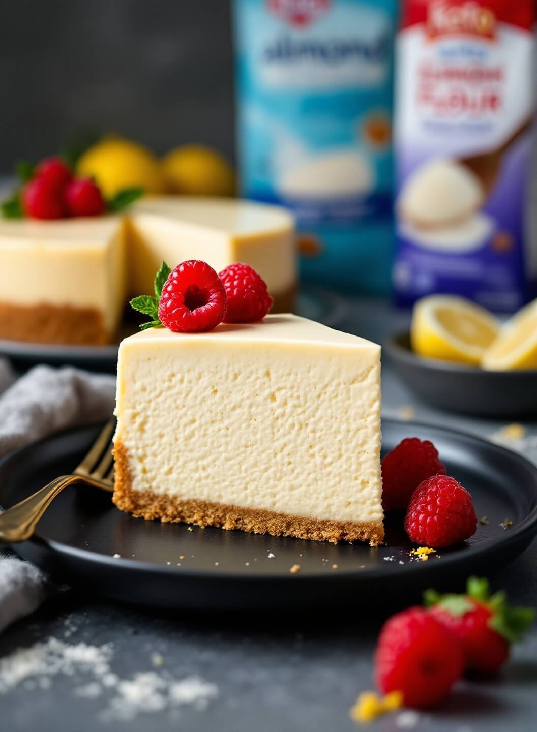 "sliced new york-style cheesecake with almond crust garnished with raspberries and mint, on a black plate with blurred baking ingredients in the background"
