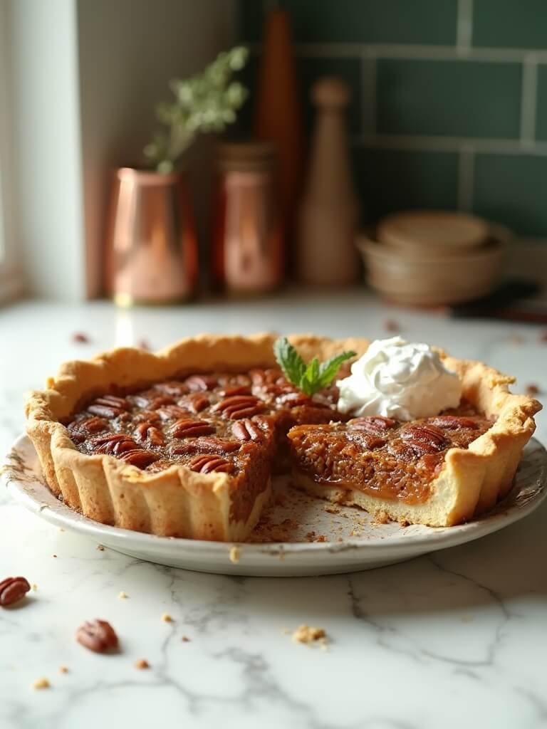 Keto Pecan Pie (Sugar-Free &Amp; Gluten-Free) 2 "freshly baked keto pecan pie with golden brown almond flour crust and glossy filling on a white marble countertop"