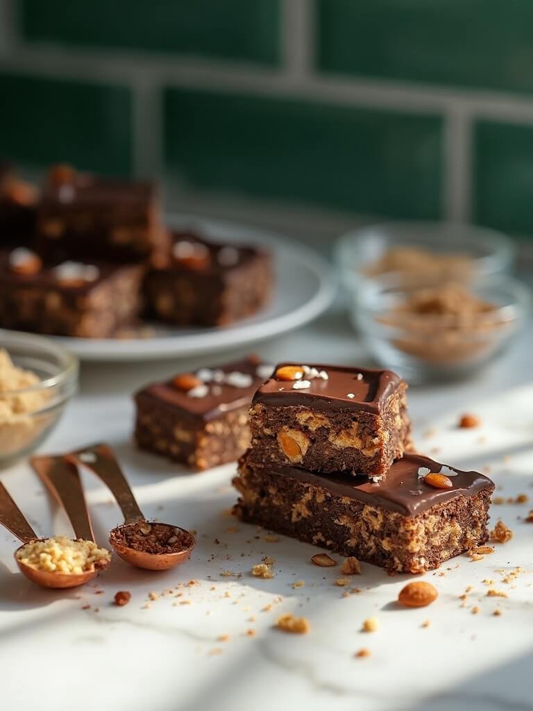 "homemade keto protein bars with chocolate coating, garnished with almond slivers and sea salt, artistically arranged on a marble surface in a modern kitchen"