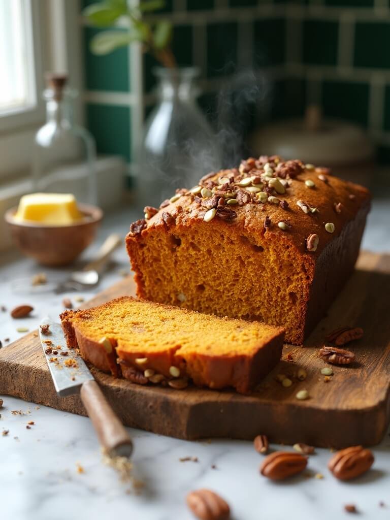 "freshly baked keto pumpkin bread loaf with scattered pumpkin seeds and chopped pecans, on a wooden cutting board with vintage butter knife and bowl of butter in soft window light"