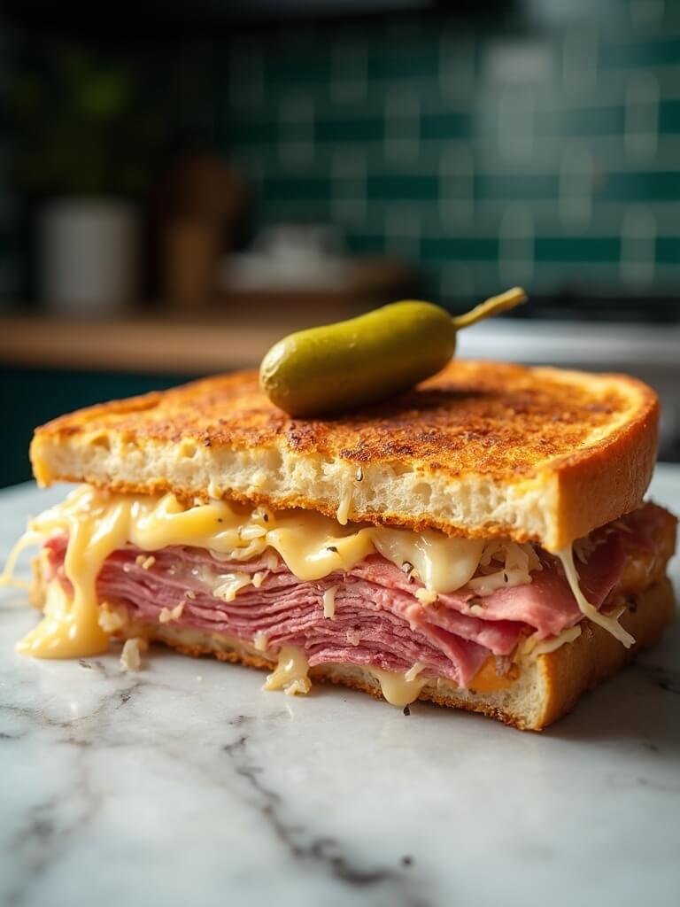 Keto Reuben Sandwich With Chaffle Bread 2 "grilled keto reuben chaffle sandwich with corned beef, swiss cheese, and sauerkraut on a grey marble countertop in a modern kitchen"