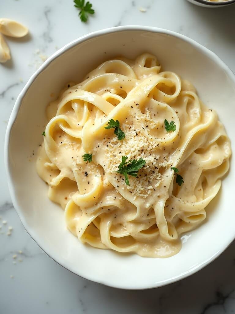 "overhead view of shirataki fettuccine alfredo with parmesan and parsley garnish in a white bowl under natural lighting"