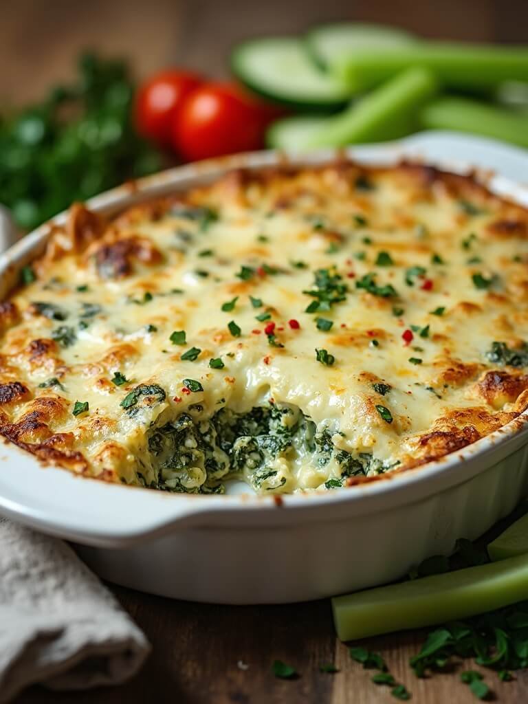 Ultimate Keto Spinach &Amp; Artichoke Dip 2 "hot spinach and artichoke dip with melted cheese in a ceramic dish, garnished with fresh herbs and served with vegetable crudites"