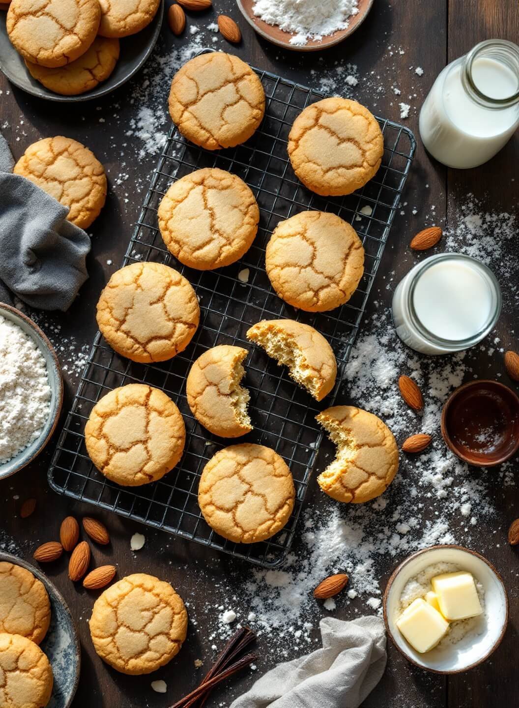 Keto Sugar Cookies With Almond And Coconut Flour 2 "overhead shot of golden, keto-friendly sugar cookies on a wire cooling rack, surrounded by ingredients like almond and coconut flours, butter, vanilla pods, and erythritol on a rustic wooden surface"
