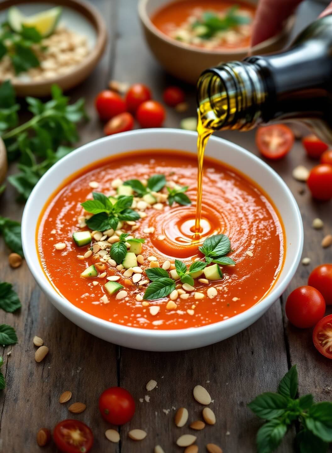 "overhead shot of vibrant gazpacho garnished with fresh basil leaves, diced avocado, and crushed almonds, surrounded by fresh ingredients on a rustic wooden table"