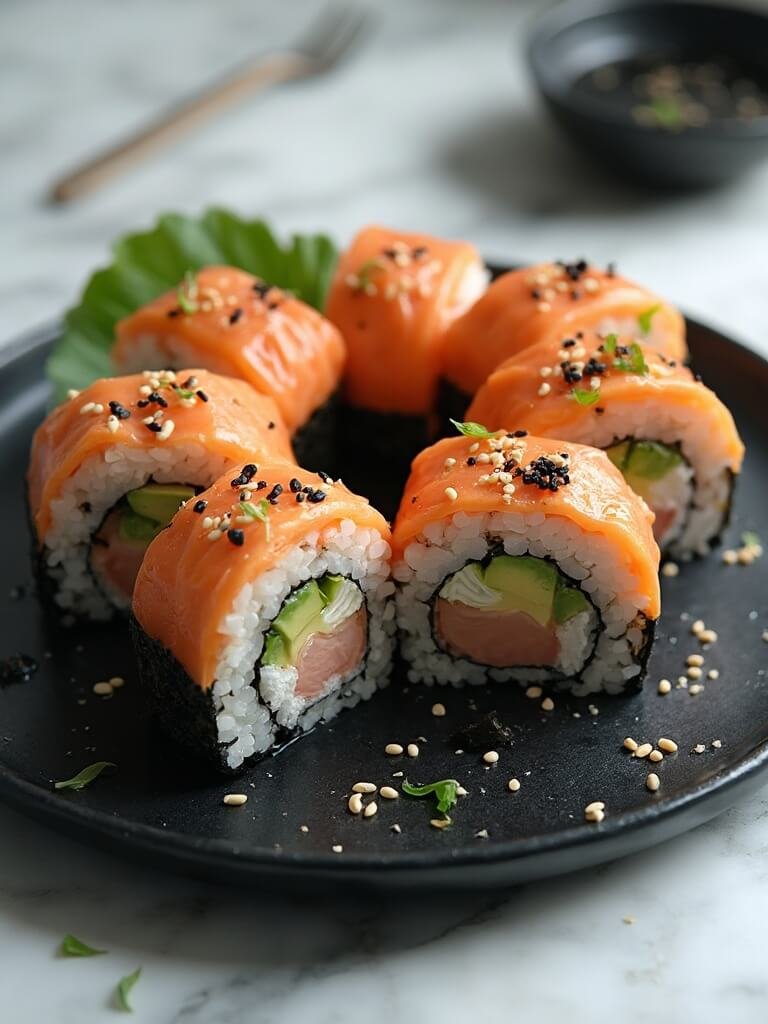 "keto sushi rolls with salmon, avocado, and cream cheese on a black ceramic plate, garnished with sesame seeds and micro greens, on a marble countertop in a modern kitchen"