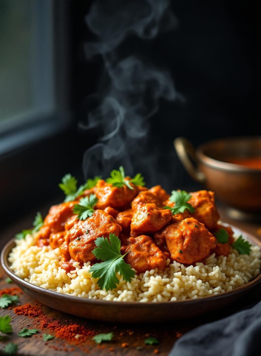 "chicken tikka masala served on cauliflower rice, garnished with fresh cilantro, in traditional indian copper bowl under natural window light"