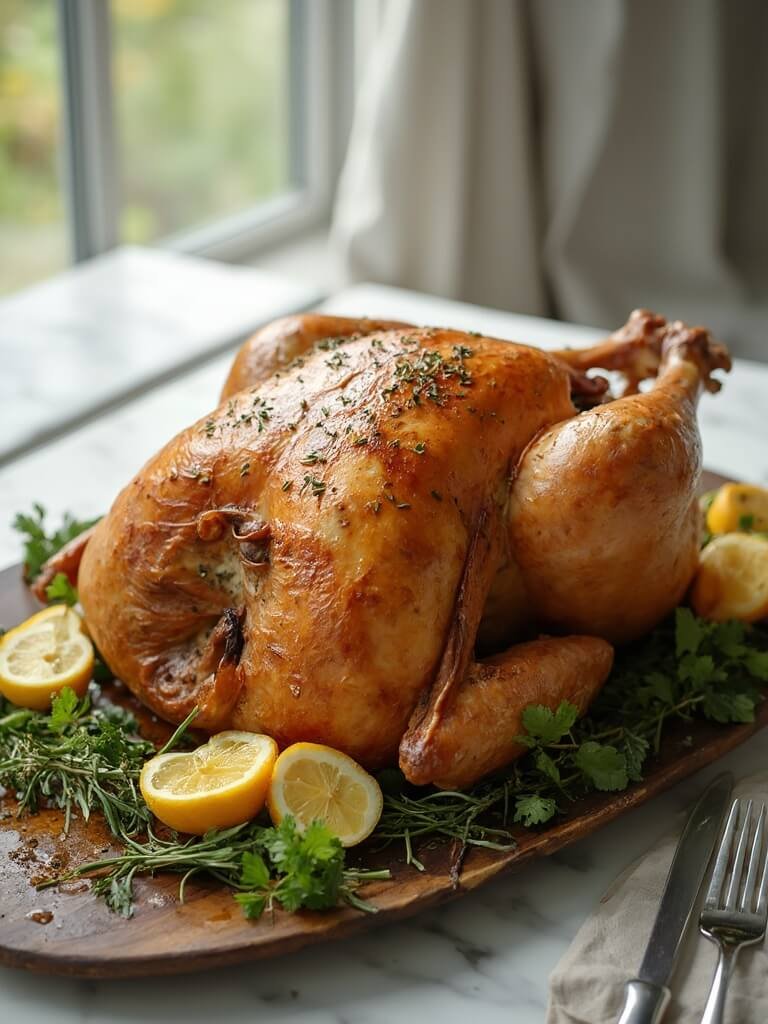 Low-Carb Lemon Herb Roasted Turkey 2 "roasted turkey with fresh herbs and lemon garnish on white marble countertop"