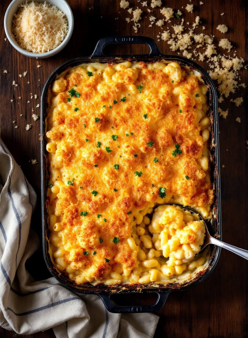 "overhead shot of creamy cauliflower mac and cheese with golden crust in a baking dish on a rustic wooden table"