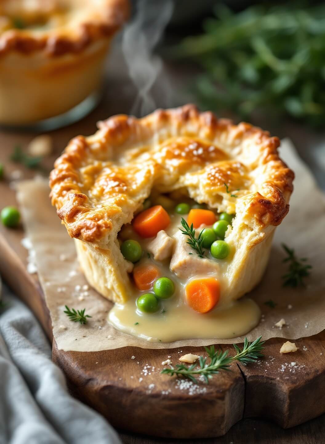 "individual-sized low carb chicken pot pie with almond flour crust, creamy filling with chicken, carrots, and peas, served on a rustic wooden board, garnished with fresh thyme. "